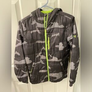 Under Armour black neon yellow camo cold gear puffer jacket YM